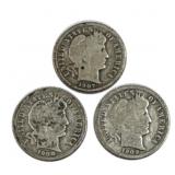 (3) 1907/1908/1909 Silver Barber Dimes 10c 90%