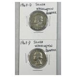 (2) 1963-D Silver Washington Quarters 25c US Coins