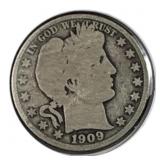 1909 Silver Barber Half Dollar 50c US Coin 90%