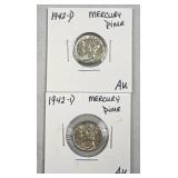 (2) 1942-D Silver Mercury Dimes 10c US Coins