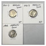 (3) 1942-PD Silver Mercury Dimes 10c US Coins