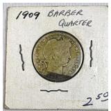 1909 Silver Barber Quarter Dollar 25c US Coin