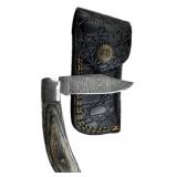 Damascus Steel Folding Blade Knife w/ Sheath