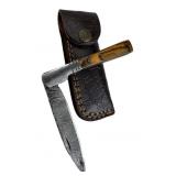 Damascus Steel Folding Blade Knife w/ Sheath