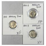 (3) 1941-PD Silver Mercury Dimes 10c US Coins