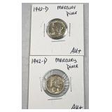 (2) 1942-D Silver Mercury Dimes 10c US Coins