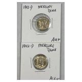 (2) 1942-D Silver Mercury Dimes 10c US Coins