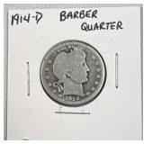 1914-D Silver Barber Quarter Dollar 25c US Coin