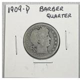 1909-D Silver Barber Quarter Dollar 25c US Coin