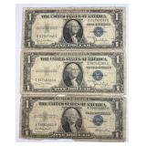 (3) 1935D/E $1 Silver Certificates Blue Seal US