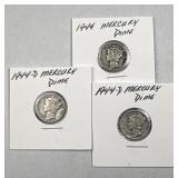 (3) 1944-PD Silver Mercury Dimes 10c US Coins