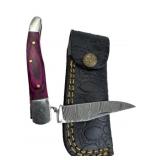 Damascus Steel Folding Blade Knife w/ Sheath