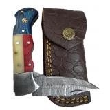 Damascus Steel Folding Blade Knife w/ Sheath