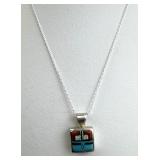 925 Silver Multi-Stone Inlay Square Pendant Neckla