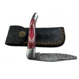 Damascus Steel Folding Blade Knife w/ Sheath