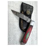 Damascus Steel Folding Blade Knife w/ Sheath