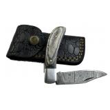 Damascus Steel Folding Blade Knife w/ Sheath