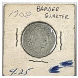 1908 Silver Barber Quarter Dollar 25c US Coin