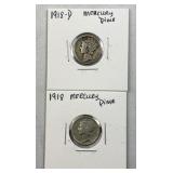 (2) 1918-PD Silver Mercury Dimes 10c US Coins