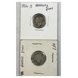 (2) 1916-P/S Silver Barber & Mercury Dimes 10c US