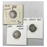 (3) 1907 1910 1913 Silver Barber Dimes 10c US Coin