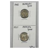 (2) 1937 1940 Silver Mercury Dimes 10c US Coins