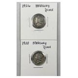 (2) 1926 1928 Silver Mercury Dimes 10c US Coins