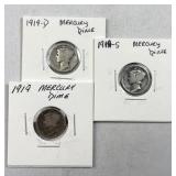 (3) 1919-PDS Silver Mercury Dimes 10c US Coins