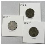 (3) 1942-PS Silver Jefferson War Nickels 5c 35%
