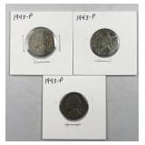 (3) 1943-P Silver Jefferson War Nickels 5c 35%