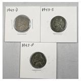 (3) 1943-PDS Silver Jefferson War Nickels 5c 35%