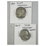 (2) 1964-PD Silver Washington Quarters 25c US