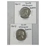 (2) 1964-D Silver Washington Quarters 25c US Coins