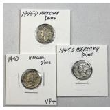 (3) 1940 1945-DS Silver Mercury Dimes 10c US Coins