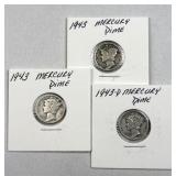 (3) 1943-PD Silver Mercury Dimes 10c US Coins