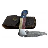 Damascus Steel Folding Blade Knife w/ Sheath