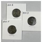 (3) 1944-PDS Silver Jefferson War Nickels 5c 35%