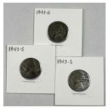 (3) 1943-S Silver Jefferson War Nickels 5c 35%
