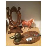 BRASS DUCK HOLDER, CERAMIC HORSE