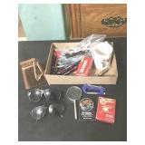 BELL, VINTAGE PLAYING CARDS, GLASSES, PENS