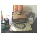 STYROFOAM HEAD WITH WIG, PLASTIC PLACE MATS,