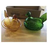 TWO HENS ON NEST, AMBER, GREEN, NO CHIPS