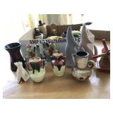 VASES, OIL LAMP, PLASTIC COWS & HORSE, PETRIFIED