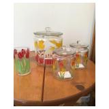 VINTAGE CANISTER SET, TULIPS, LAMBS, GLASS