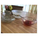 TWO RED SWIRL BOWLS, TWO CONDIMENT DISHES,