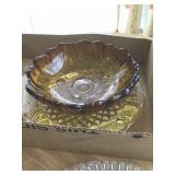 FIVE CLEAR GLASS PLATES, AMBER BOWL, SILVERWARE