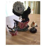 EAGLE CLOCK WITH AMERICAN FLAG, TWO SMALL EAGLES