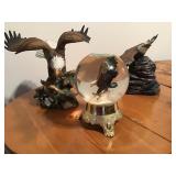 TWO CERAMIC EAGLES AND EAGLE SNOWGLOBE