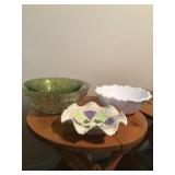 FIVE GLASS BOWLS; GREEN, CLEAR, STARBURST, MILK