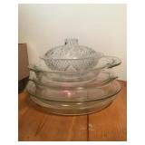 FIVE PYREX PIE PLATES, CANDY DISH